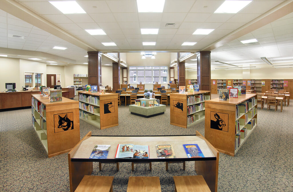 school library with book shelves