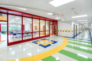colorful school hallway and commons entrance